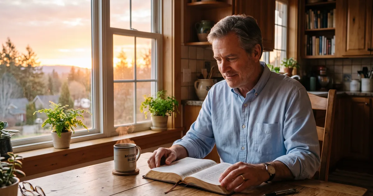 Hombre biblia cafe amanecer leyendo la Biblia